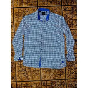 Steven Land Houndstooth Dress Shirt Royal Blue Modern Fit 17‎ 36/37 Tall